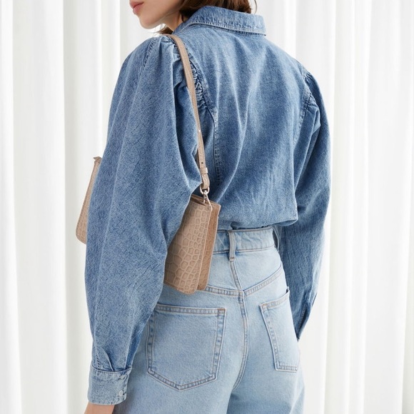 & Other Stories Puff Shoulder Cotton Denim Collared Button Down Shirt size 0 - Picture 2 of 13